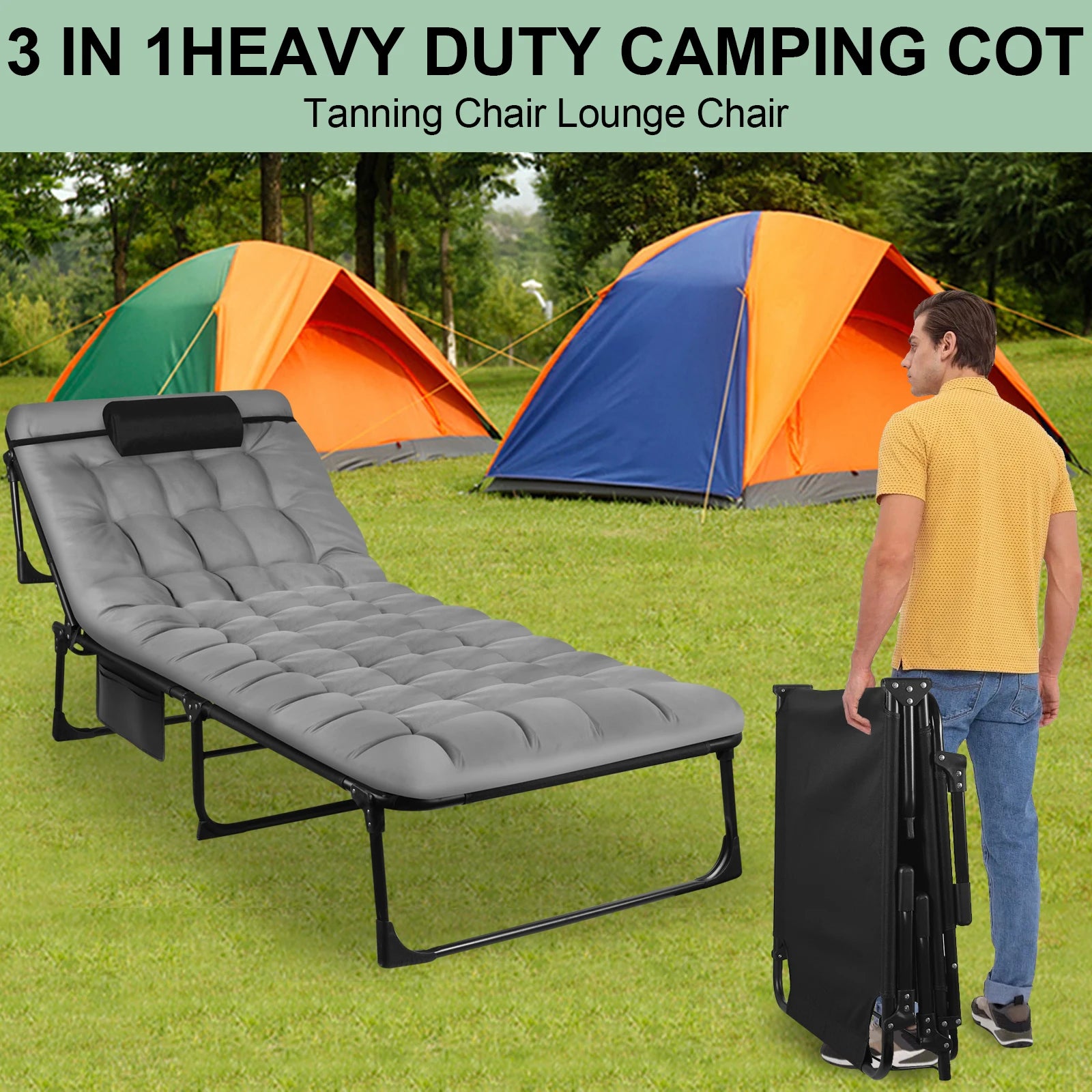 Portable Folding Camping Cot -
3-Position Adjustable Reclining Lounge Chair
 with Pillow, Outdoor Sleeping Bed (68cm Wide)