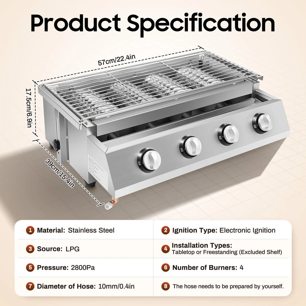 4 Burners , BBQ Propane Gas Grill.
Removable Smokeless Barbecue Grill
Portable for Outdoor Patio Garden