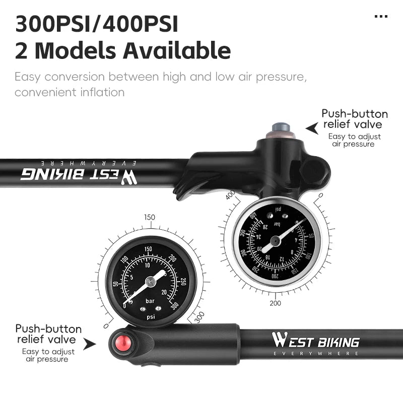 WEST BIKING 400PSI Bicycle Air Pump
 High Pressure MTB Front, Rear Suspension Pressure Gauge Schrader Valve