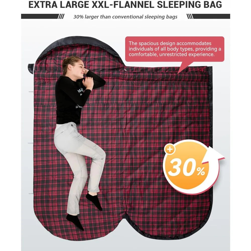 Adults Extra Wide XL Waterproof Flannel Sleeping Bag, 
Cold Weather, Portable Big & Tall Camping Gear,