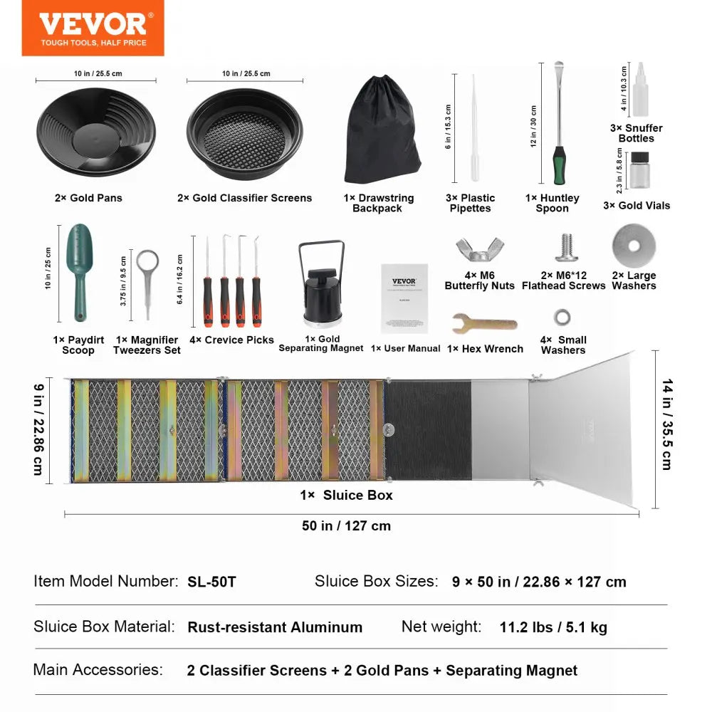 VEVOR 50" 12" Complete Sluice Box Gold Panning Kit Aluminum Alloy Gold Mining Equipment  Prospecting Kit