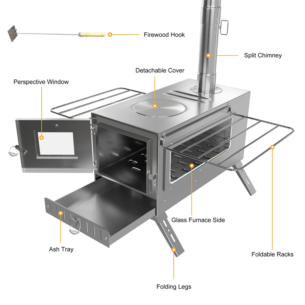 Hot Tent Stove,  , Portable Wood Stove with 6 Stainless Chimney Pipes for Outdoor Heating & Cooking