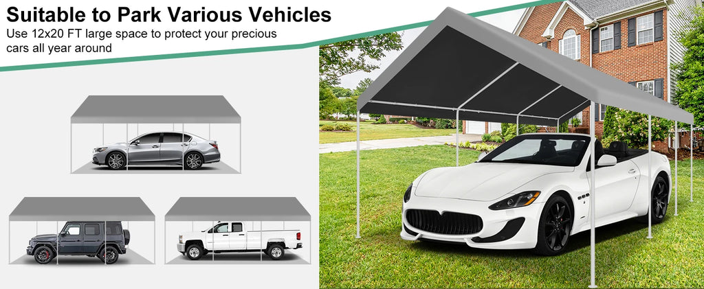 12x20ft Carport Heavy Duty, Portable Garage with Built-in Sandbags, Car Canopy for Truck, Boat, SUV with All-Season Tarp fall