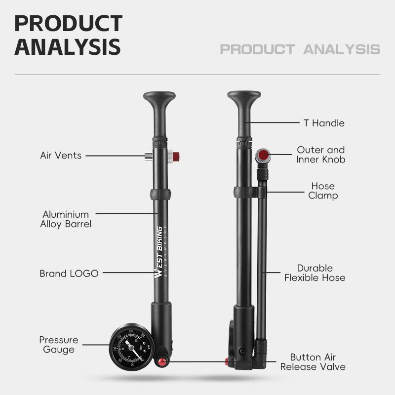 WEST BIKING 400PSI Bicycle Air Pump
 High Pressure MTB Front, Rear Suspension Pressure Gauge Schrader Valve