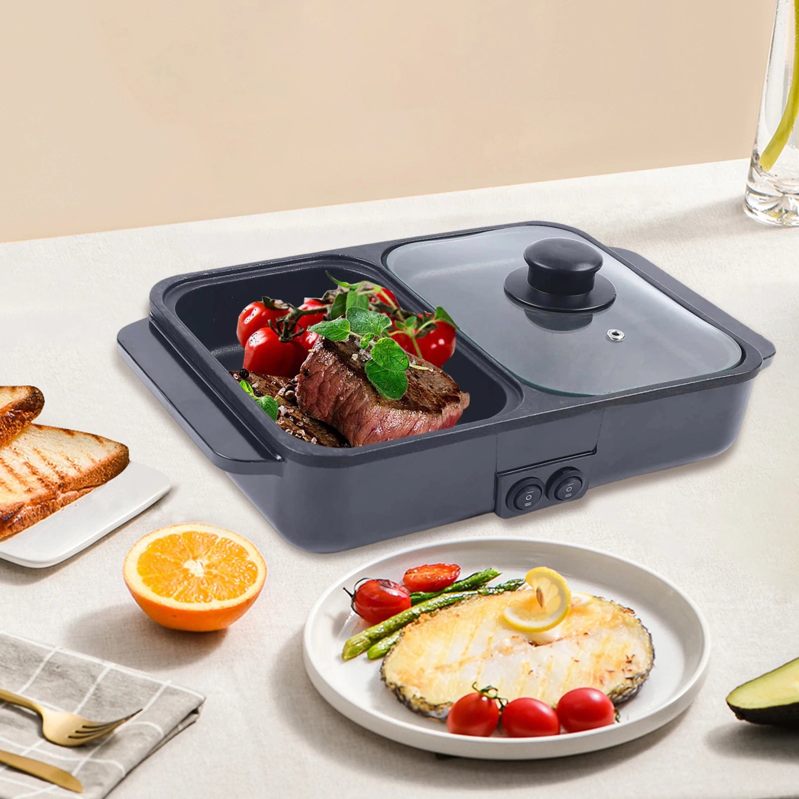 Hot Pot Electric Grill .   2 In 1 Indoor,  Non-Stick Electric Pot & Griddle.
For Bbq,Steaks,Independent Dual Temperature Control 1200W