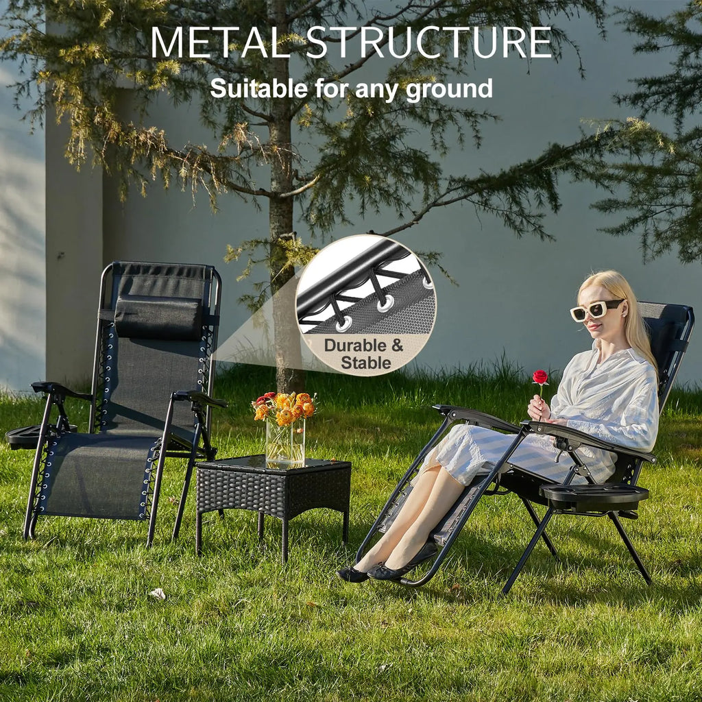 Zero Gravity Set of 2 Portable Recliners
Camping ,Patio , Outdoor Garden Lounge Chair with Cup Holder ,Trays & Adjustable Pillow