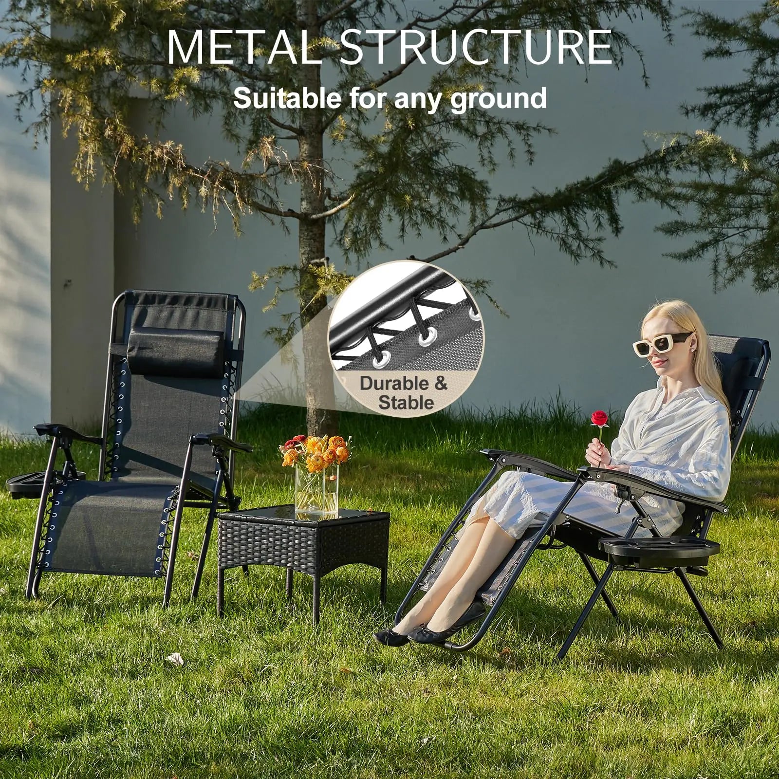 Zero Gravity Set of 2 Portable Recliners
Camping ,Patio , Outdoor Garden Lounge Chair with Cup Holder ,Trays & Adjustable Pillow