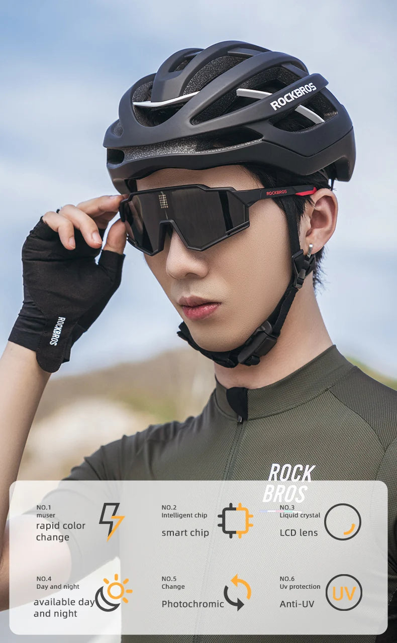 ROCKBROS Smart LCD Photochromic Glasses Cycling Polarized Glasses UV400 Electronic Rapid Color Change Sports Bicycle Goggles