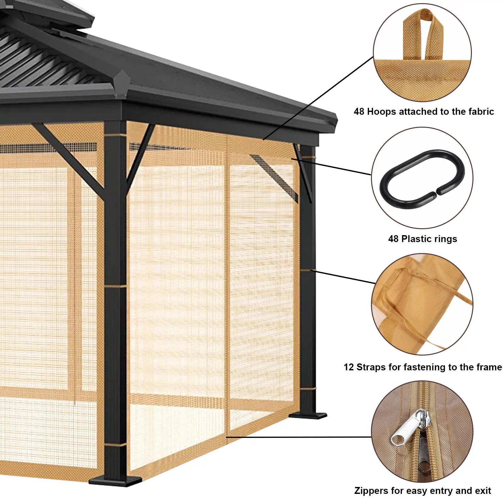Mosquito Net for Gazebo Outdoor Canopy 
Insect Netting with Zipper on  Curtain for Garden Patio mesh