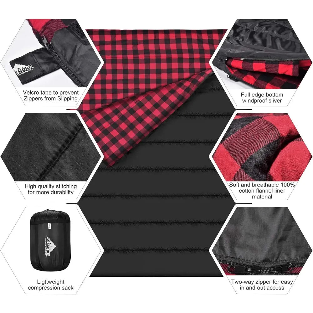 Waterproof 2-Person Cotton Flannel Sleeping Bag - 
Ideal for Camping, Backpacking, Hiking, and Outdoor Adventures