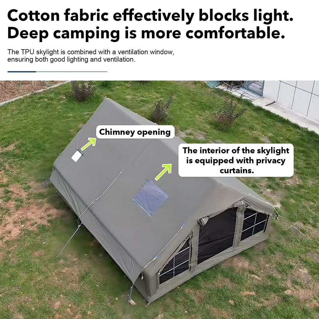 Army Green Waterproof Windproof Inflatable Tent 
for Camping,       4 Season Air Glamping Tent House with Chimney Opening,
AC Vent