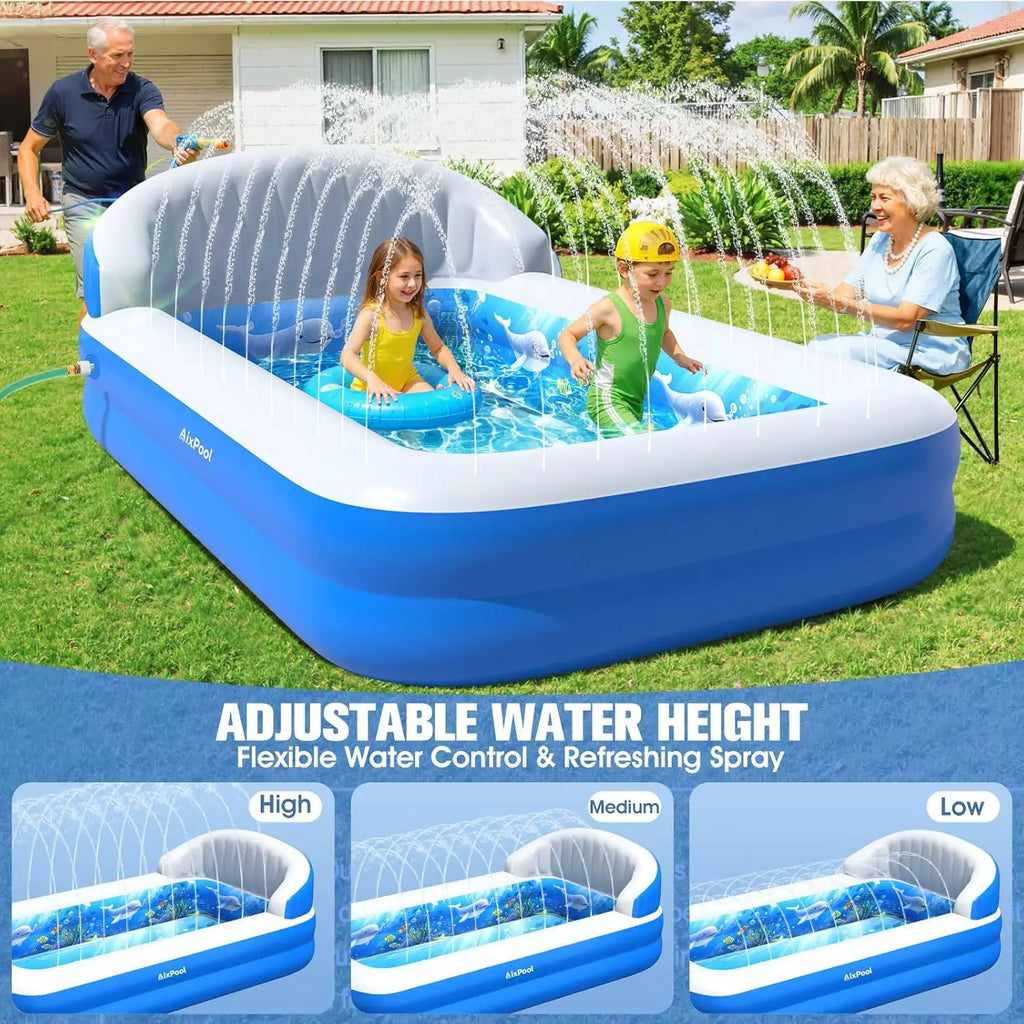 2026 Inflatable Pool with Sprinkler,
Durable Blow up Pool with Big Backrest,
 Rectangle Kids Pool Backyard,Children Swimming Pool,