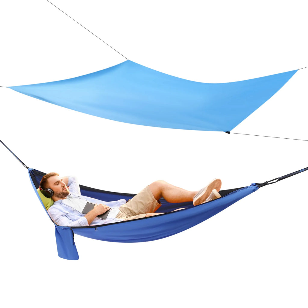 Blue Camping Hammock w/h Rain Fly Tarp Mosquito Net Tent Hammock for Backpacking and Travel