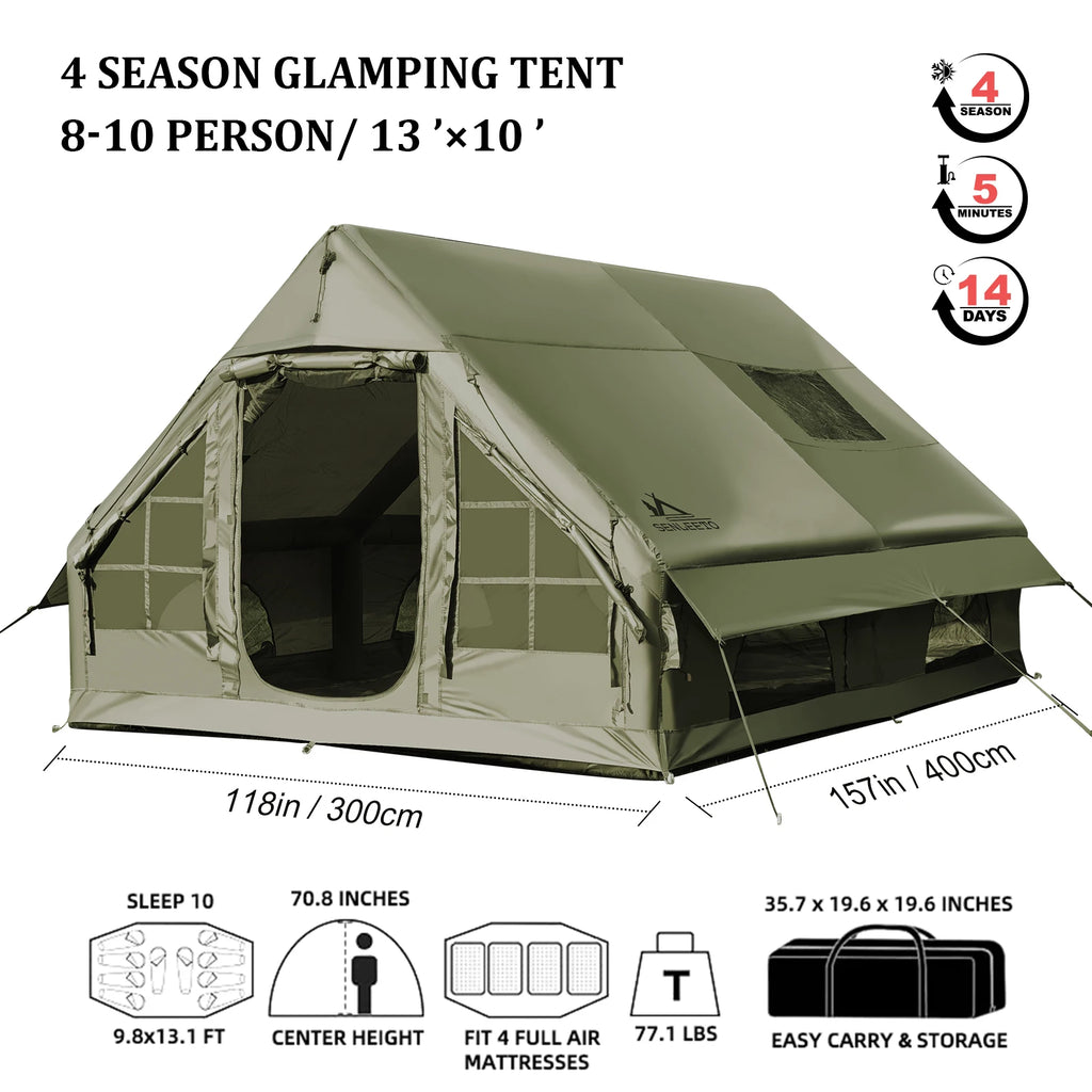 Army Green Waterproof Windproof Inflatable Tent 
for Camping,       4 Season Air Glamping Tent House with Chimney Opening,
AC Vent