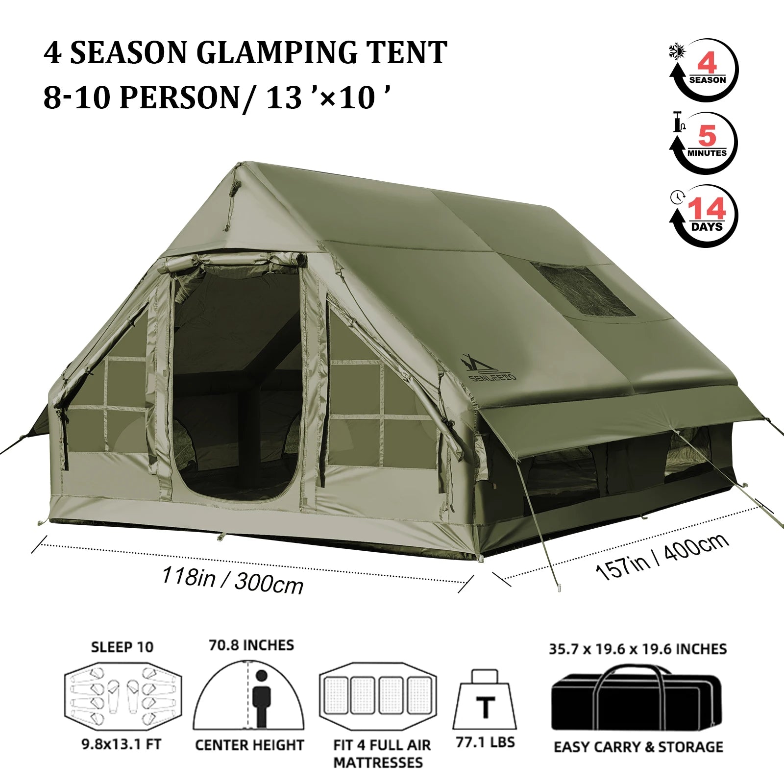Army Green Waterproof Windproof Inflatable Tent 
for Camping,       4 Season Air Glamping Tent House with Chimney Opening,
AC Vent