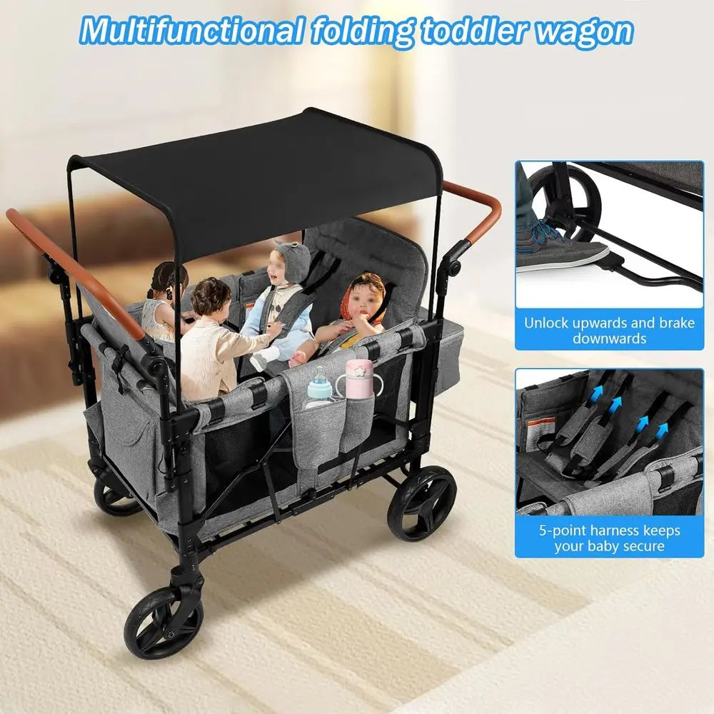 All-Terrain 4-Child Wagon Stroller
 with Removable 5-Point Harness and Storage Organizer, 
Suitable for Outdoor Activities