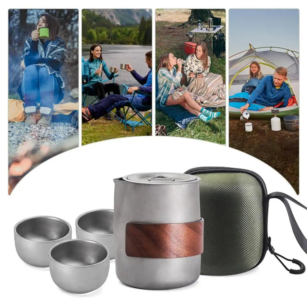 Camping Tableware Set 
Lightweight Titanium Coffee Pot Tea Kettle
 Outdoor Camping Kettle Set 3 Cups Tea Set For Hiking Picnic