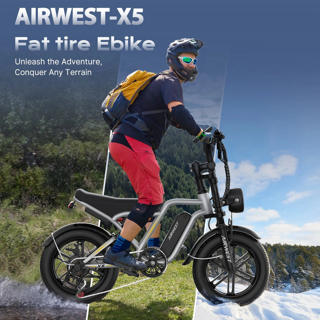Airwest X5 Adult Electric Bike, 
750W Peak Power, 48V 13Ah Battery, 
20“*4 Fat Tire Ebike, 28MPH, UL 2849, 1 Year Warranty