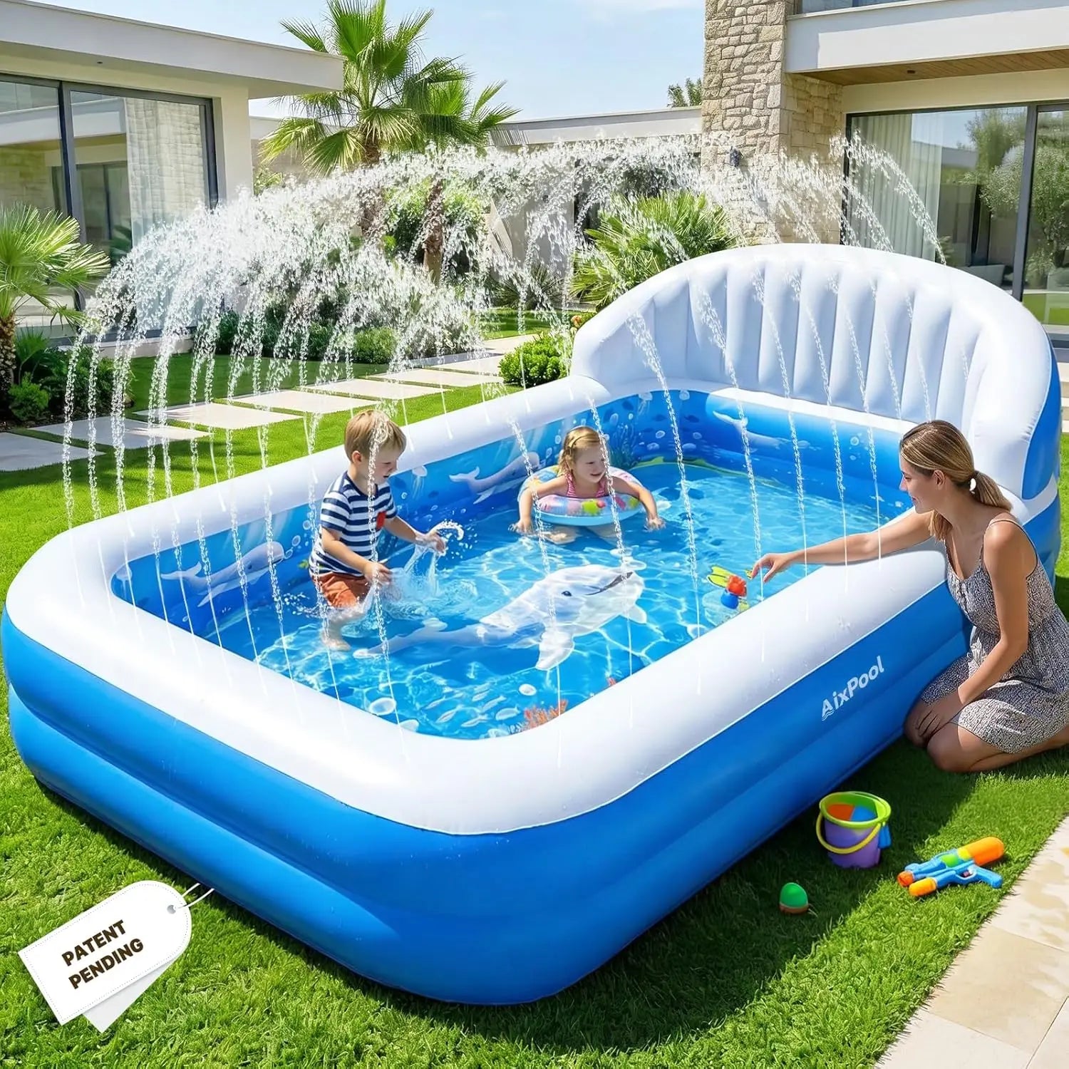 2026 Inflatable Pool with Sprinkler,
Durable Blow up Pool with Big Backrest,
 Rectangle Kids Pool Backyard,Children Swimming Pool,