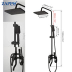 ZAPPO Matte Black Bathroom Shower Set 8 inch Rainfall , Wall Mounted 3-4 Function System & ABS Shelf