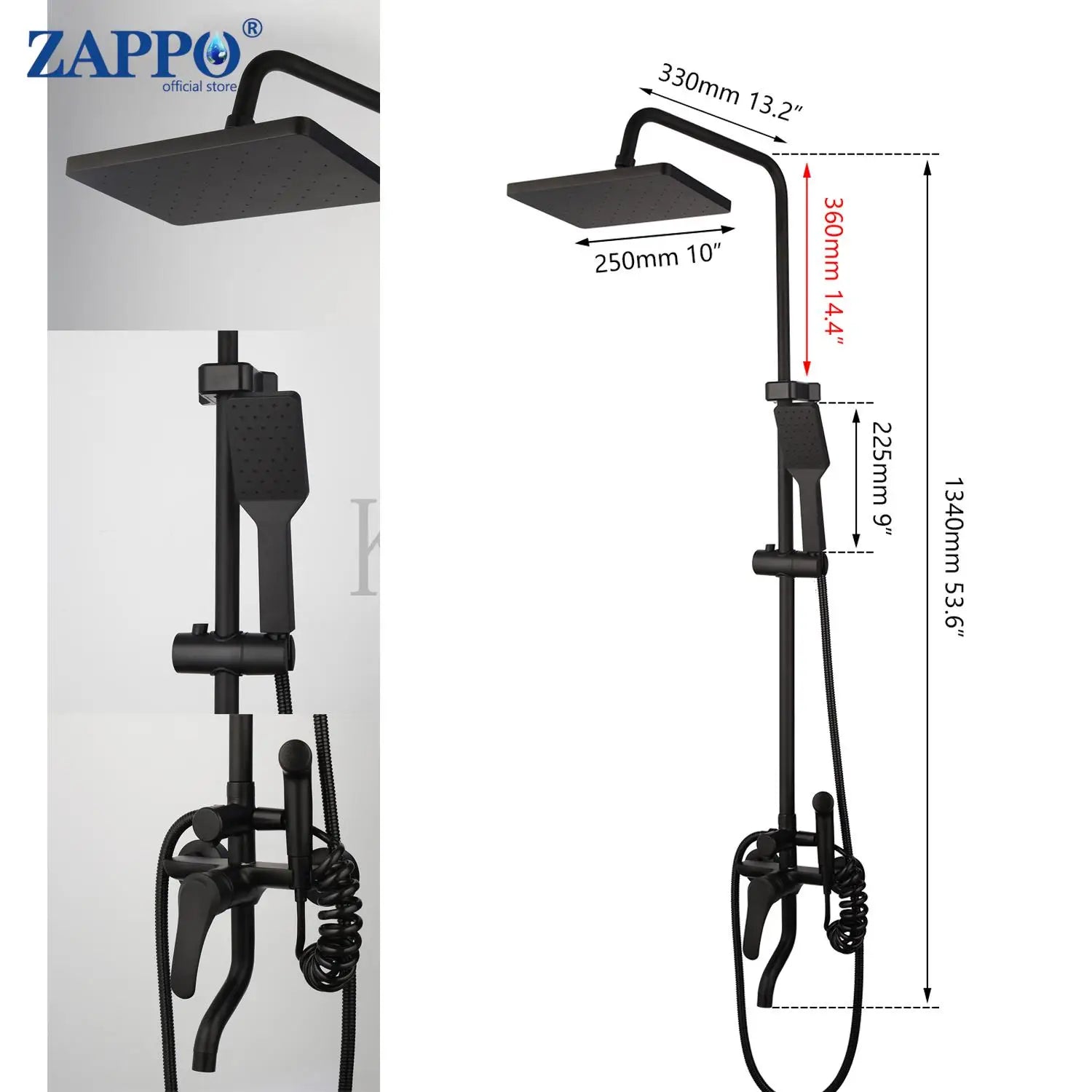 ZAPPO Matte Black Bathroom Shower Set 8 inch Rainfall , Wall Mounted 3-4 Function System & ABS Shelf