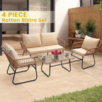 4 Piece Patio Bistro Outdoor Furniture Set,   
Wicker Sofa,  2 Rattan Chairs, and Table, Backyard Conversation Set, All Weather