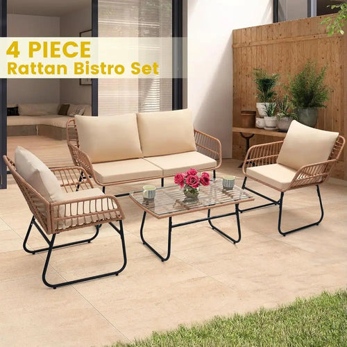 4 Piece Patio Bistro Outdoor Furniture Set,   
Wicker Sofa,  2 Rattan Chairs, and Table, Backyard Conversation Set, All Weather