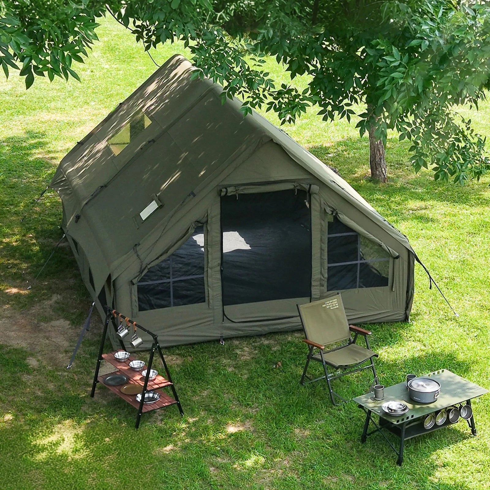 Army Green Waterproof Windproof Inflatable Tent 
for Camping,       4 Season Air Glamping Tent House with Chimney Opening,
AC Vent
