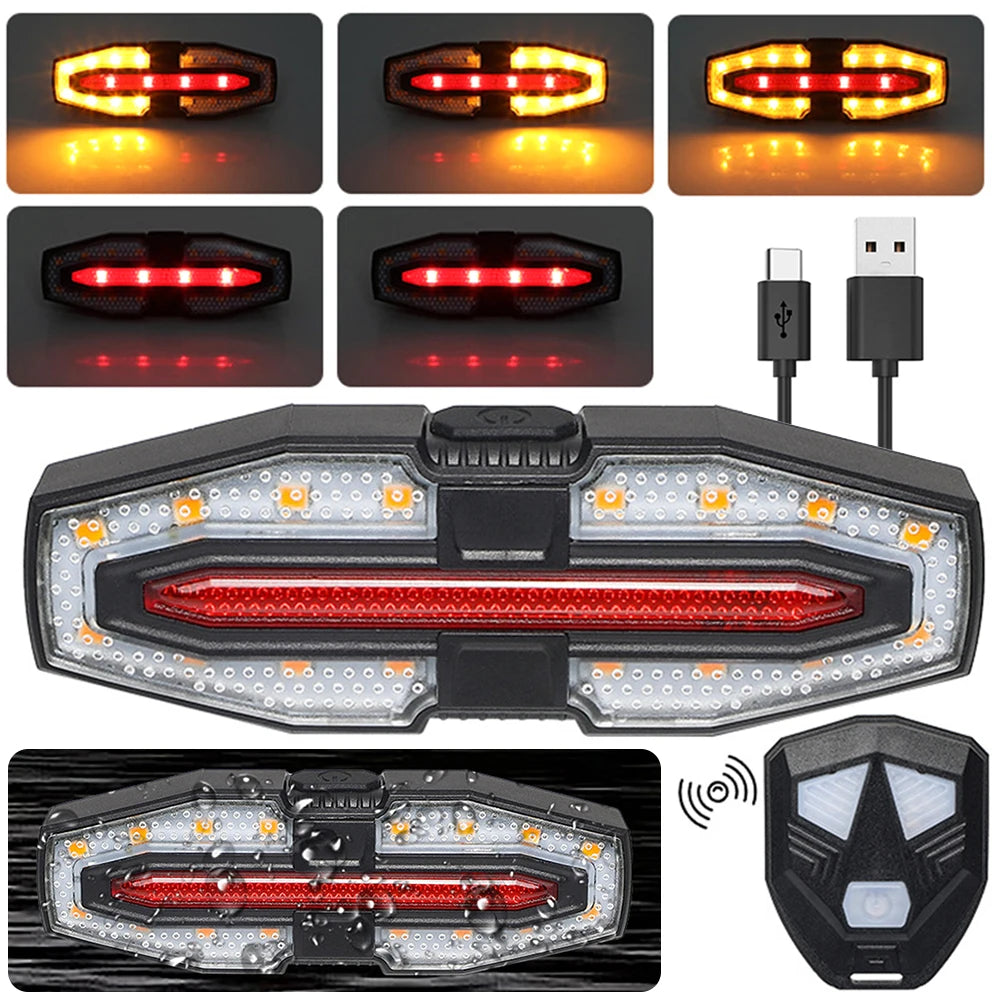 Rechargeable Bicycle Rear Light with Turn Signals .
Warning Bike Lights 
Wireless Remote Control           Bike Rear Light for Night Riding