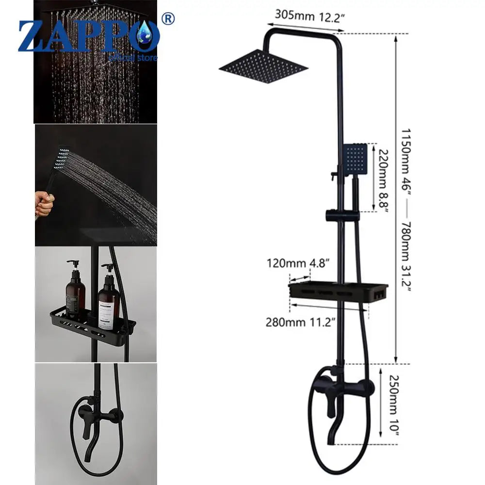 ZAPPO Matte Black Bathroom Shower Set 8 inch Rainfall , Wall Mounted 3-4 Function System & ABS Shelf