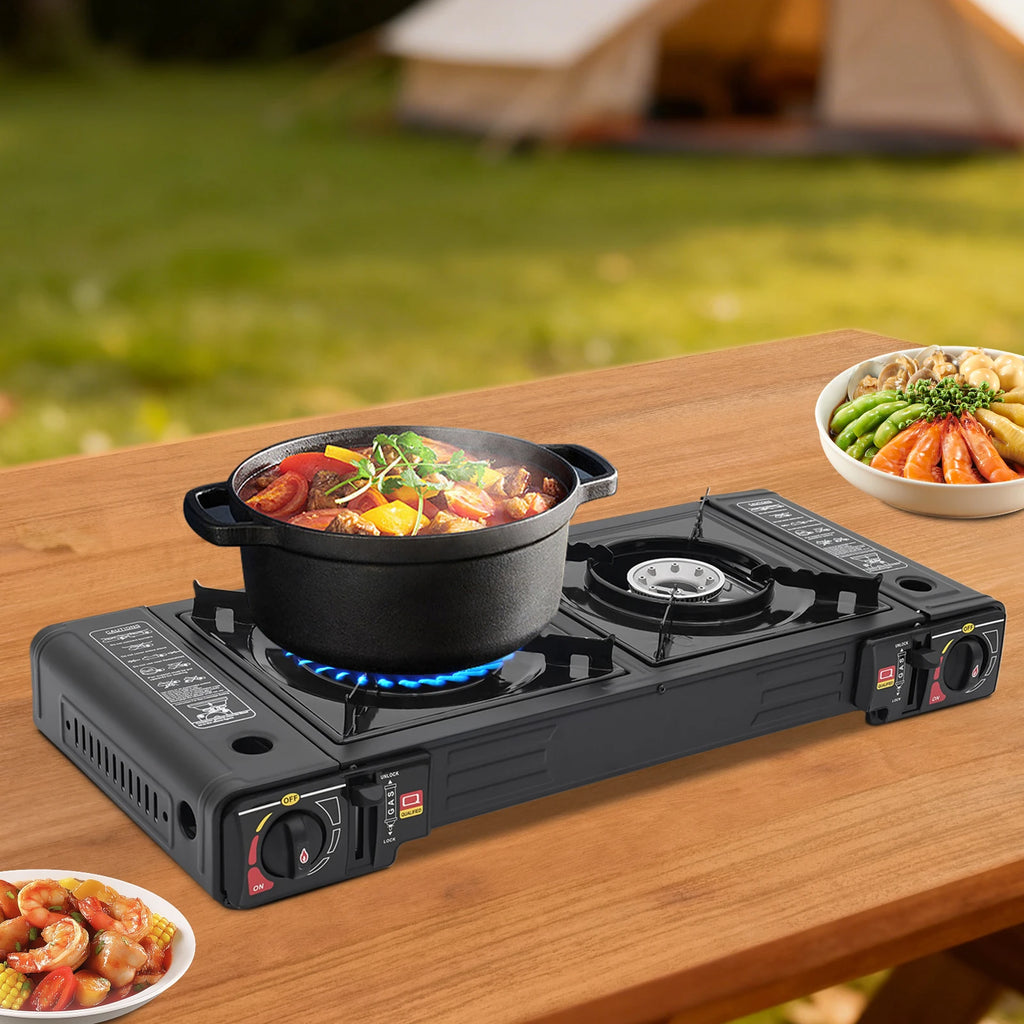 2 Burners-- Portable Camping Stove,     2.5KW Auto Ignition
Butane/LPG Gas  w/Baking Tray+Carrying Case for RV Outdoor Picnic BBQ