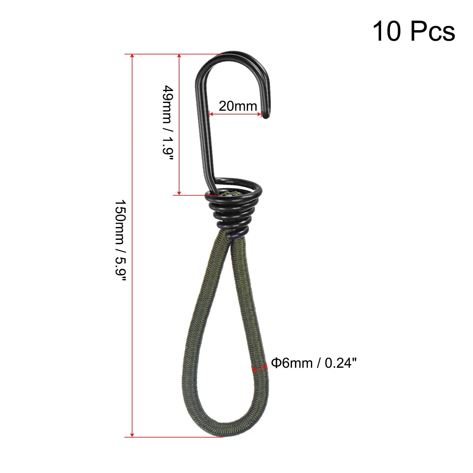 Elastic Cords with Hook 6 Inch Tarp Straps Ropes Fixed for Outdoor Camping Tent Canopy Awnings Cover Dark Green, Pack of 10