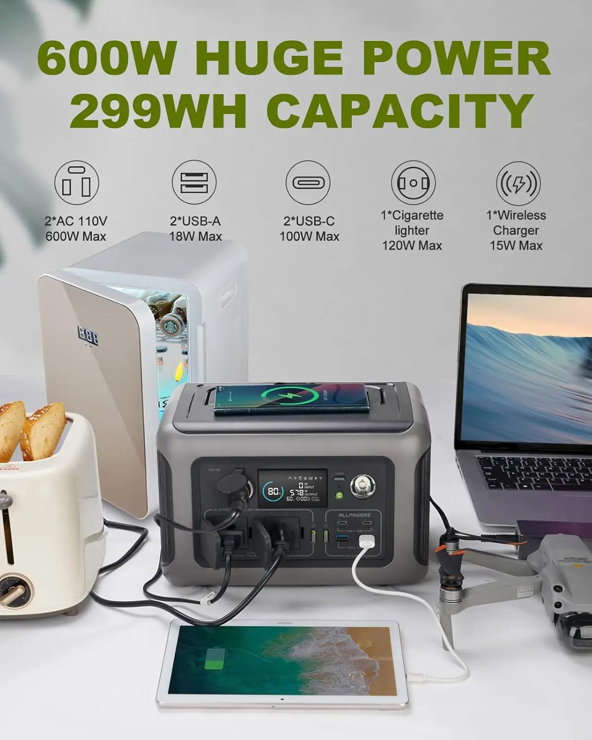 ALLPOWERS Portable  R600, 
299Wh LiFeP04 Battery with 2x 600W (1200W Surge)
 AC Outlets for Outdoor Camping RV Home