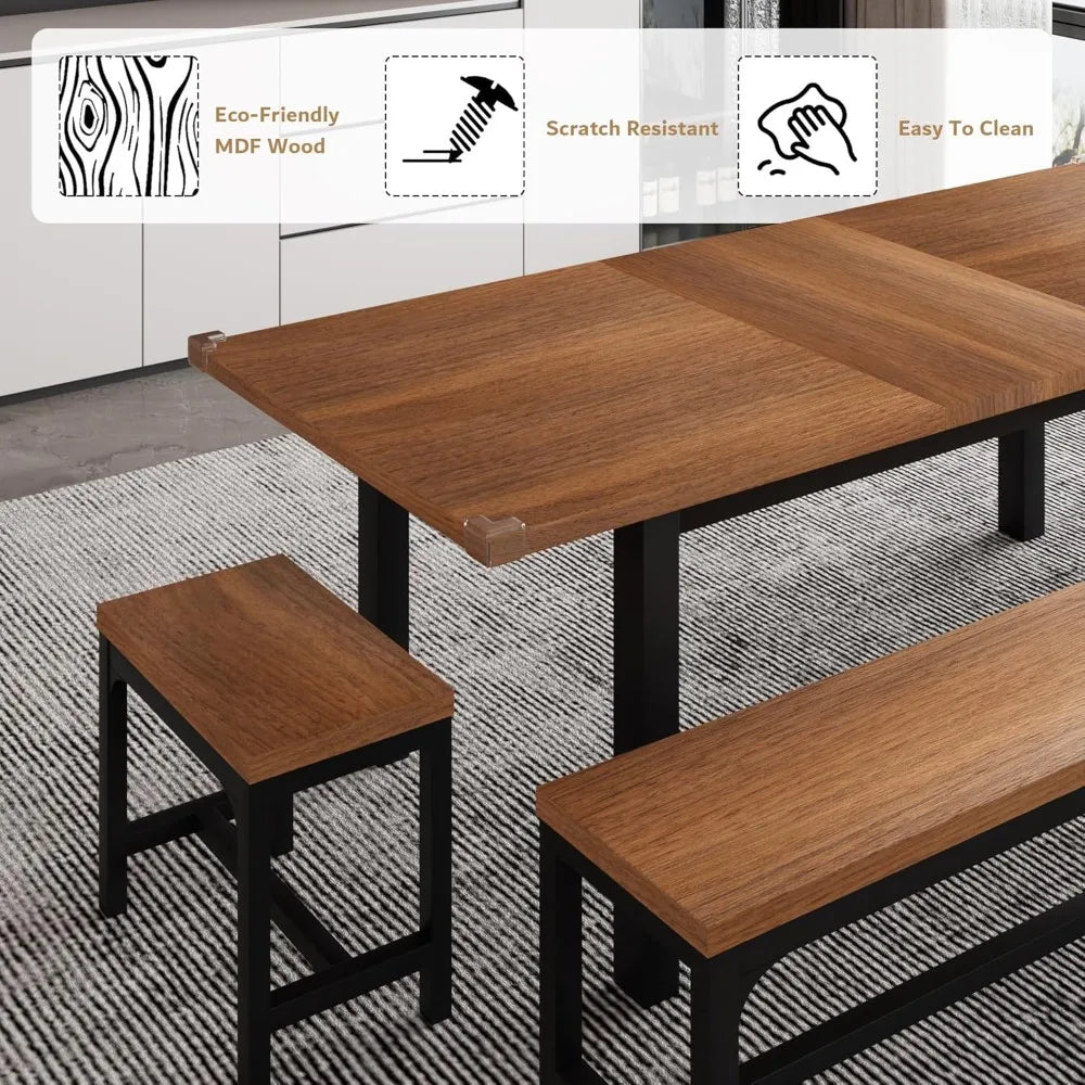 5-Piece Dining / kitchen Table Set for 4-8 People, 
Extendable  with 2 Benches and 2 Square Stools, Mid-Century