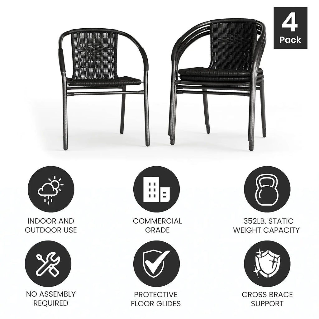 Set of 4 Stackable Rattan Chairs .
  Indoor / Outdoor Patio Curved Back, 
 Cross Bracing Black,