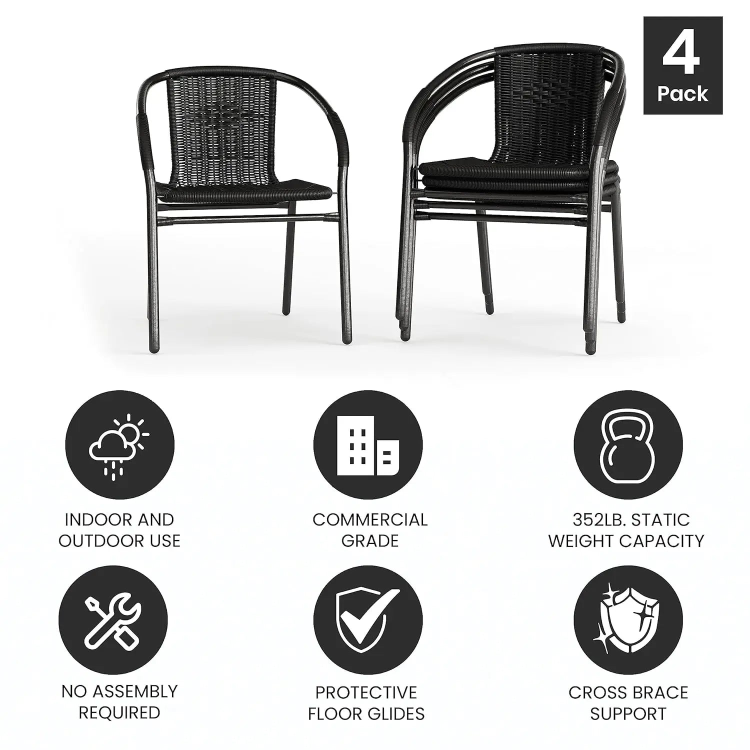 Set of 4 Stackable Rattan Chairs .
  Indoor / Outdoor Patio Curved Back, 
 Cross Bracing Black,