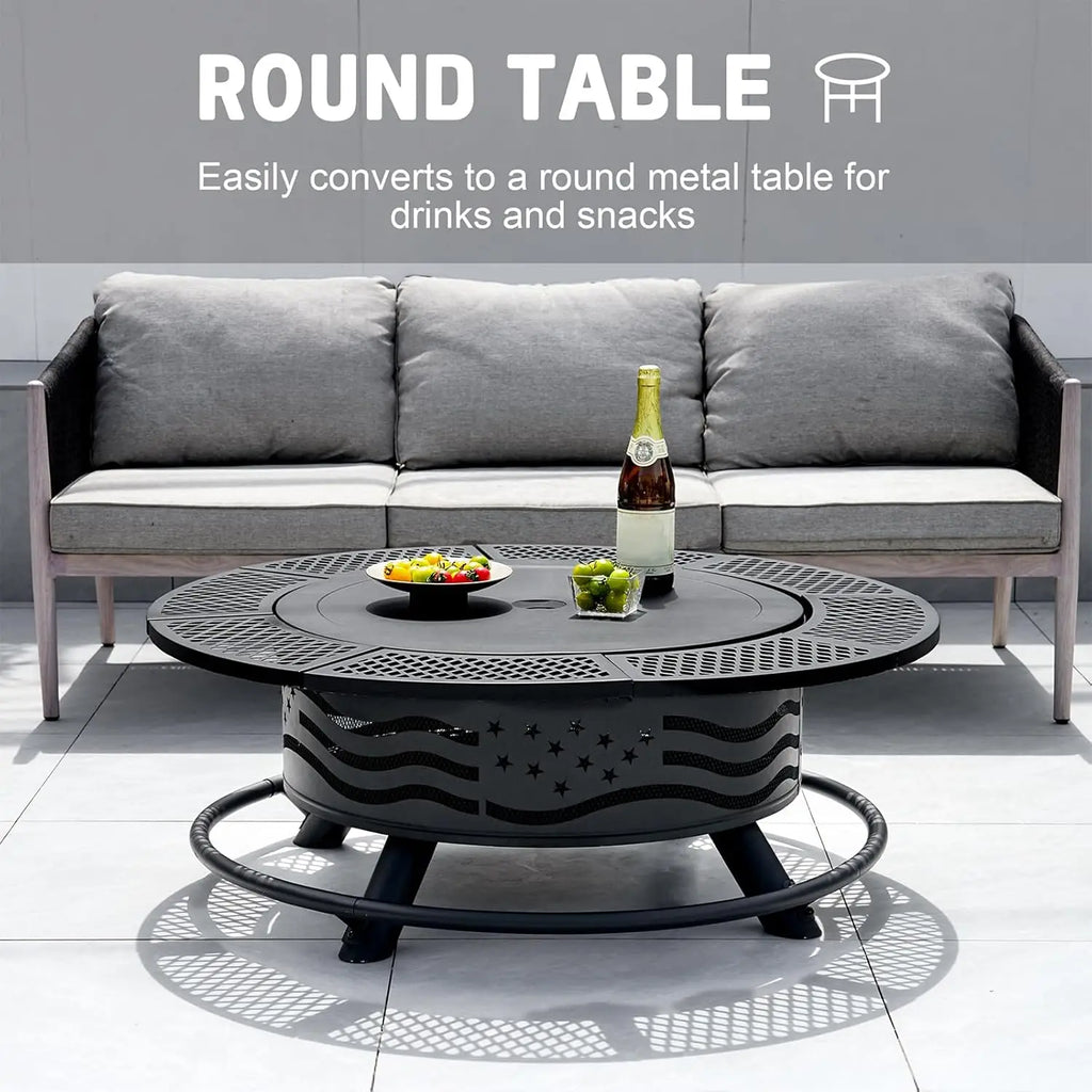 42 Inch Fire Pit with 2 Cooking Grate, Outdoor Wood Burning BBQ Grill Firepit Bowl with Cover Lid, Steel Round Table