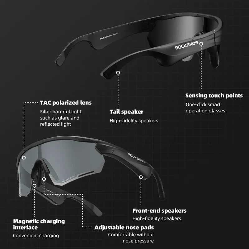 ROCKBROS Cycling Glasses Wireless Bluetooth 5.2 Polarized Sunglasses Headset Telephone Driving MP3 Riding Eyewear UV400 Goggles