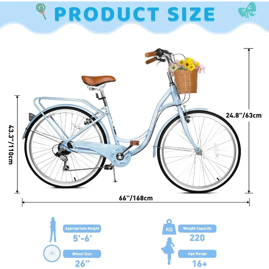 26 Inch Beach Cruiser Bike for Ladies 7-Speed  with Basket Rack.   Ideal City Bicycle for Commuting and Leisure