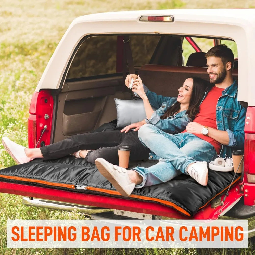 Two-Person XL Queen Size Sleeping Bag for Adults with Pillow, 
All-Season Camping Hiking Backpacking