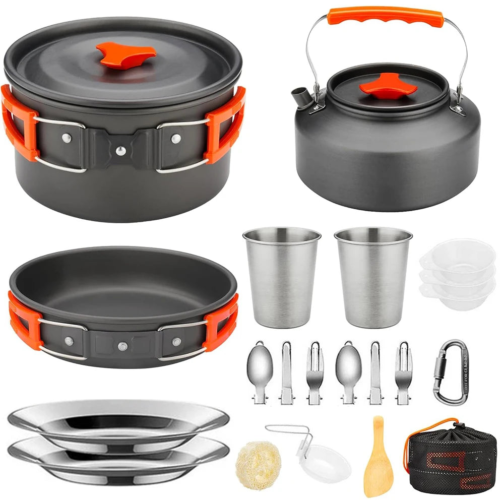 Camping Cookware Mess Kit, ---Lightweight Pot Pan Kettle Set with Cups Plates Forks Knives Spoons, 
Outdoor Cooking and Picnic