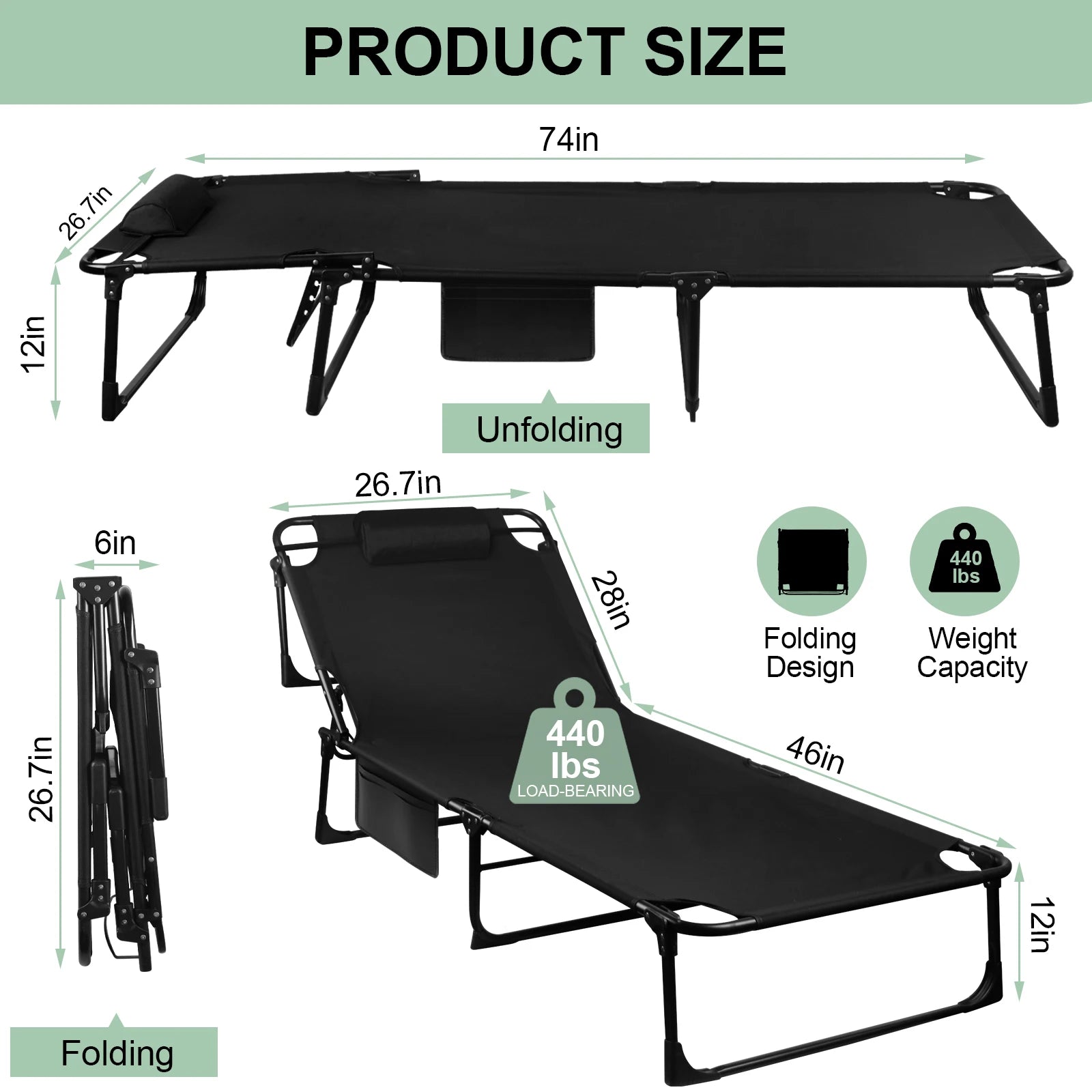 Portable Folding Camping Cot -
3-Position Adjustable Reclining Lounge Chair
 with Pillow, Outdoor Sleeping Bed (68cm Wide)