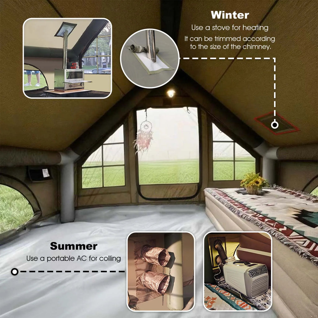 Army Green Waterproof Windproof Inflatable Tent 
for Camping,       4 Season Air Glamping Tent House with Chimney Opening,
AC Vent