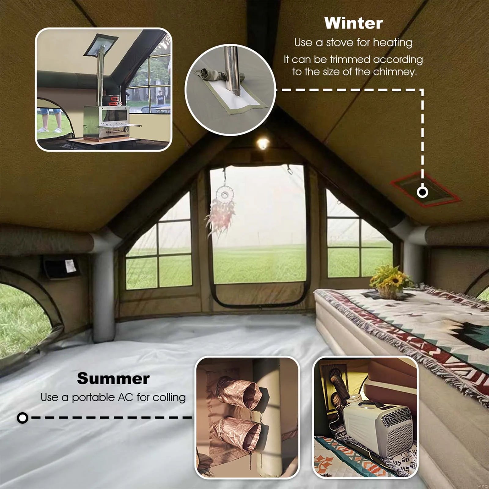 Army Green Waterproof Windproof Inflatable Tent 
for Camping,       4 Season Air Glamping Tent House with Chimney Opening,
AC Vent
