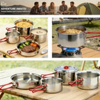 Portable 18/8 Stainless Steel Camping Cookware
 Set 11 Pcs Nesting Design Large City Pots and Pan with Kettle Compact for Picnics