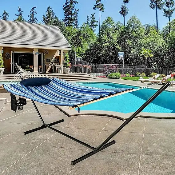 Tangkula Double Hammock with Stand, 
2 Person 12Ft Steel  with Cotton Hammock,
Pillow, Cup Holder, Carry Bag, Indoor