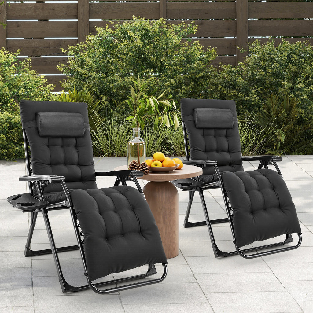 Zero Gravity Set of 2 Portable Recliners
Camping ,Patio , Outdoor Garden Lounge Chair with Cup Holder ,Trays & Adjustable Pillow