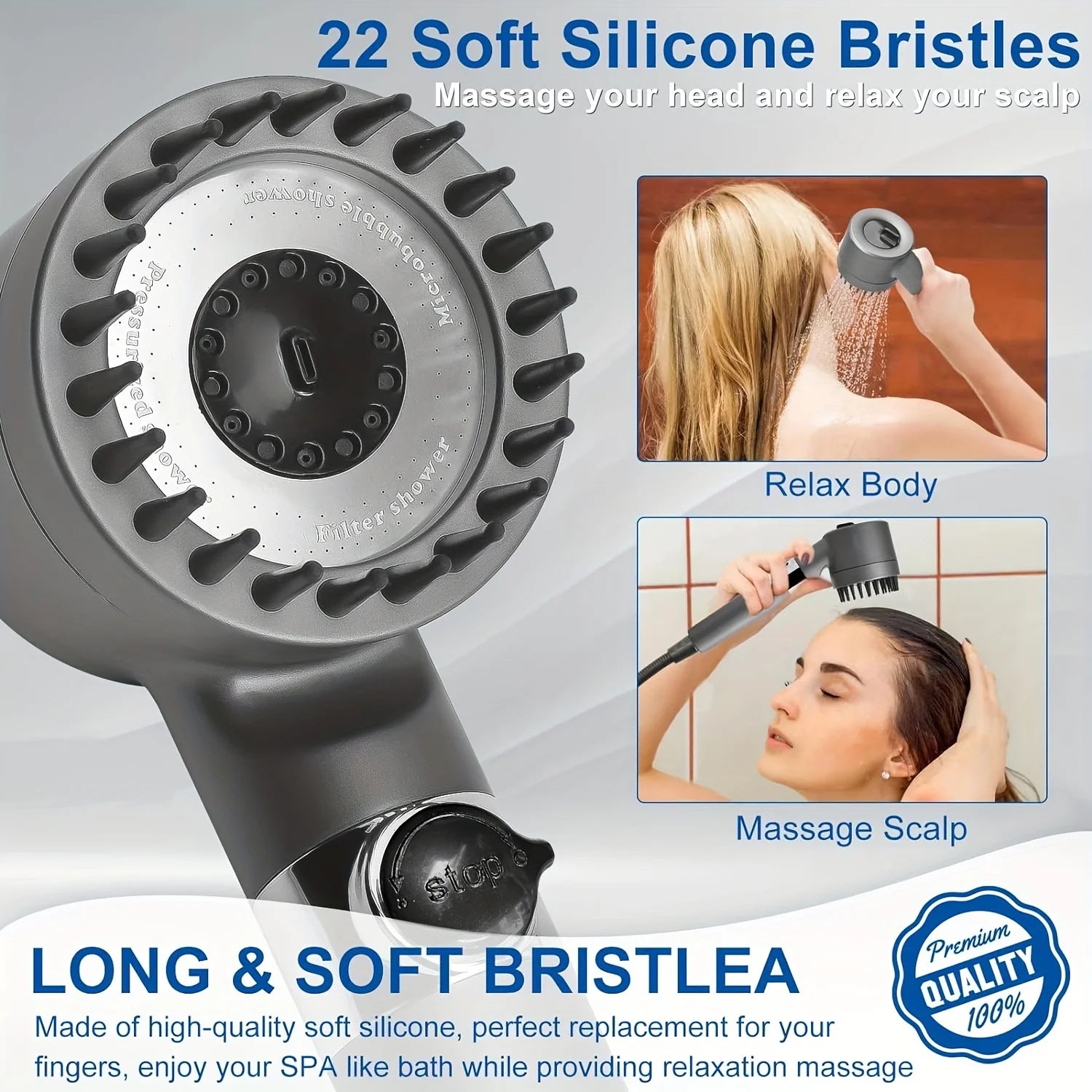 High Pressure Shower Head ,
Scalp Massager,   Shampoo Brush - Softens Hard Water - 3 Settings - Detachable Design