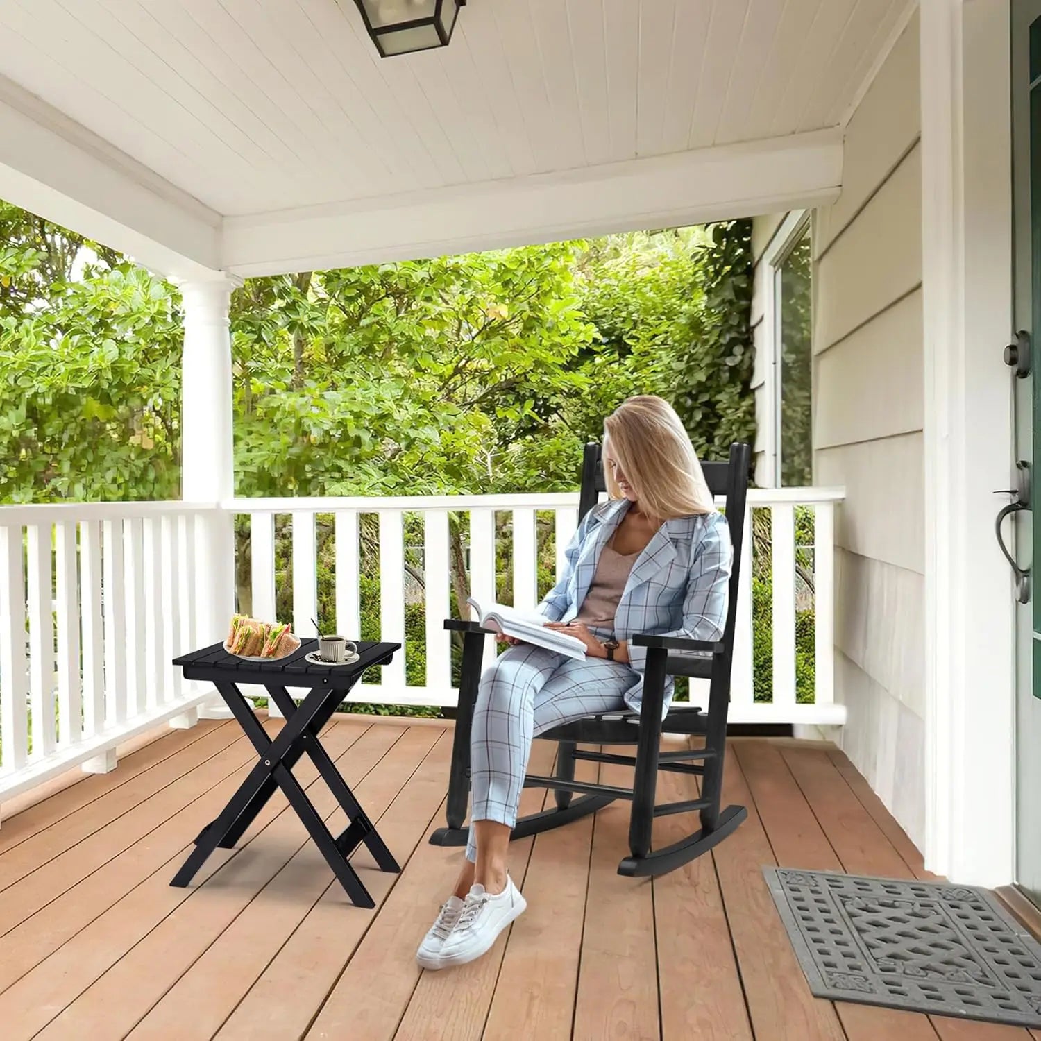 Wooden Rocking Chair Set - 2 Porch Rockers 
With Outdoor Side Table, Perfect for Indoor too