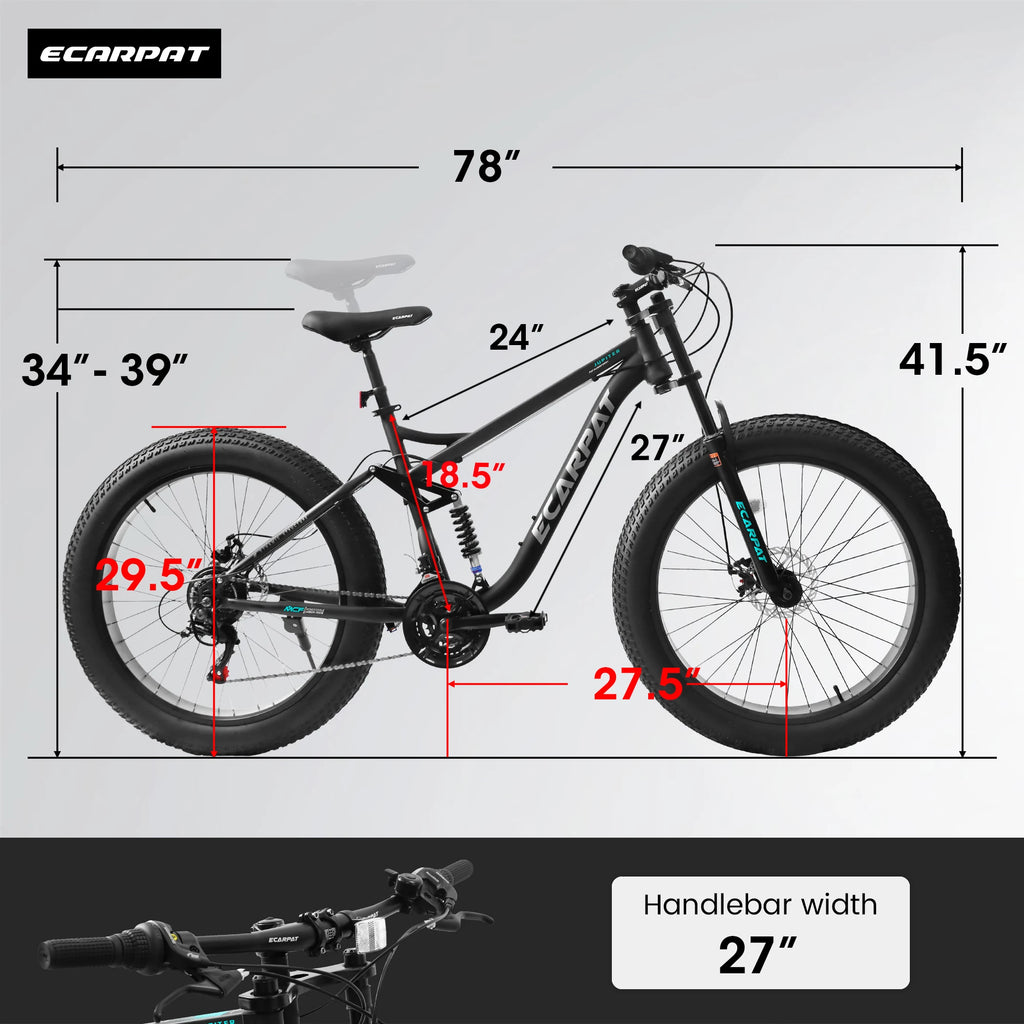 26 inch Mountain Bike, Full-Suspension 21 Speeds Drivetrain with Disc-Brake MTB Bicycle, 4" Fat tire Bike for Men or Women.